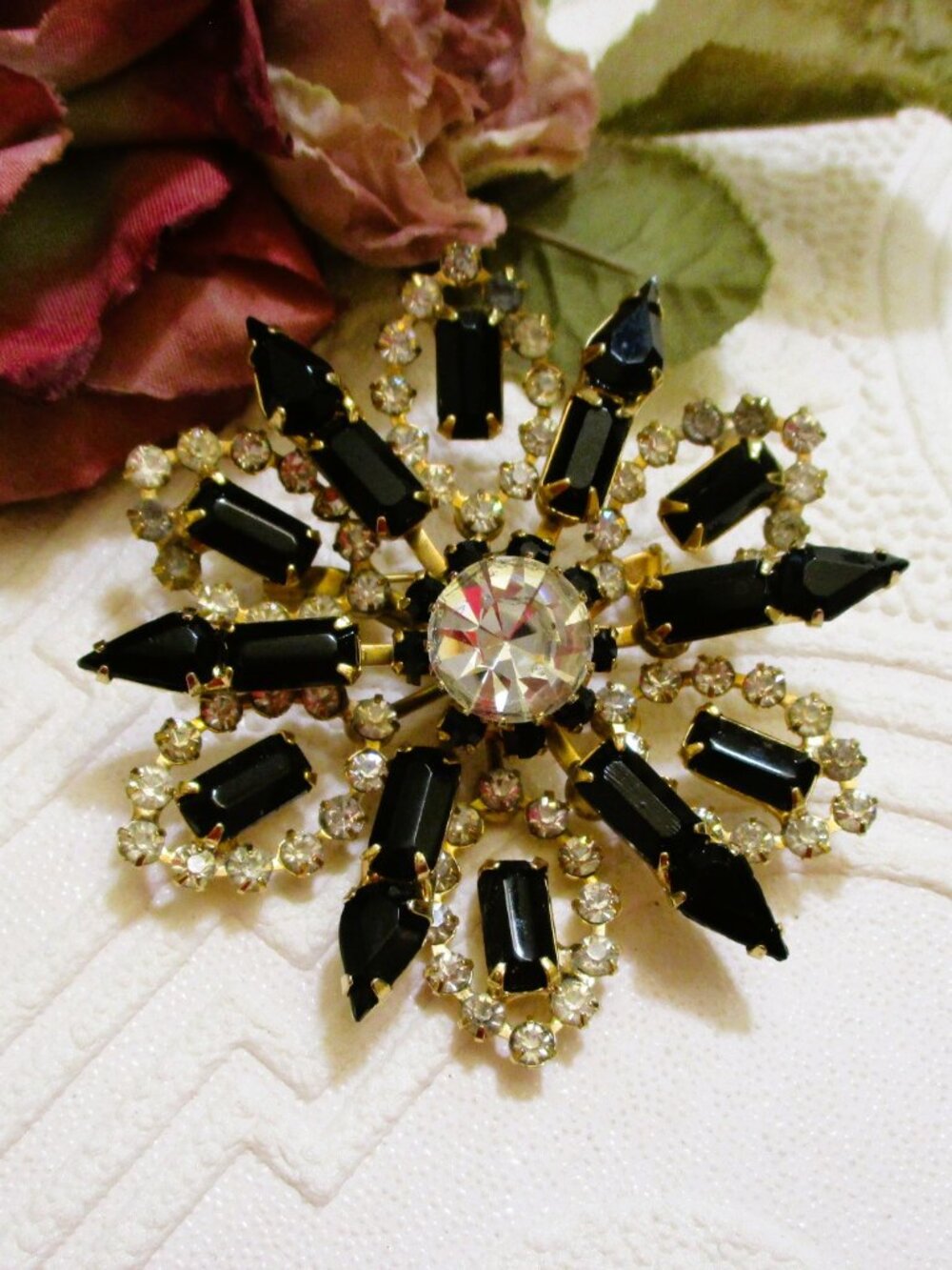 VINTAGE Layered Black Clear Rhinestone Floral Brooch: Flower Statement Jewelry